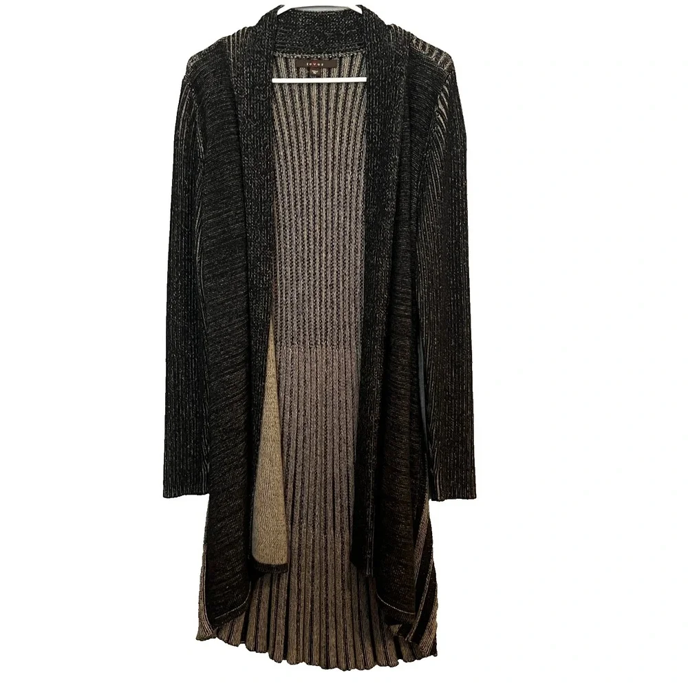 Fever Open-Knit Long‎ Duster Cardigan Long Sleeve Black Cream Sweater Size XS